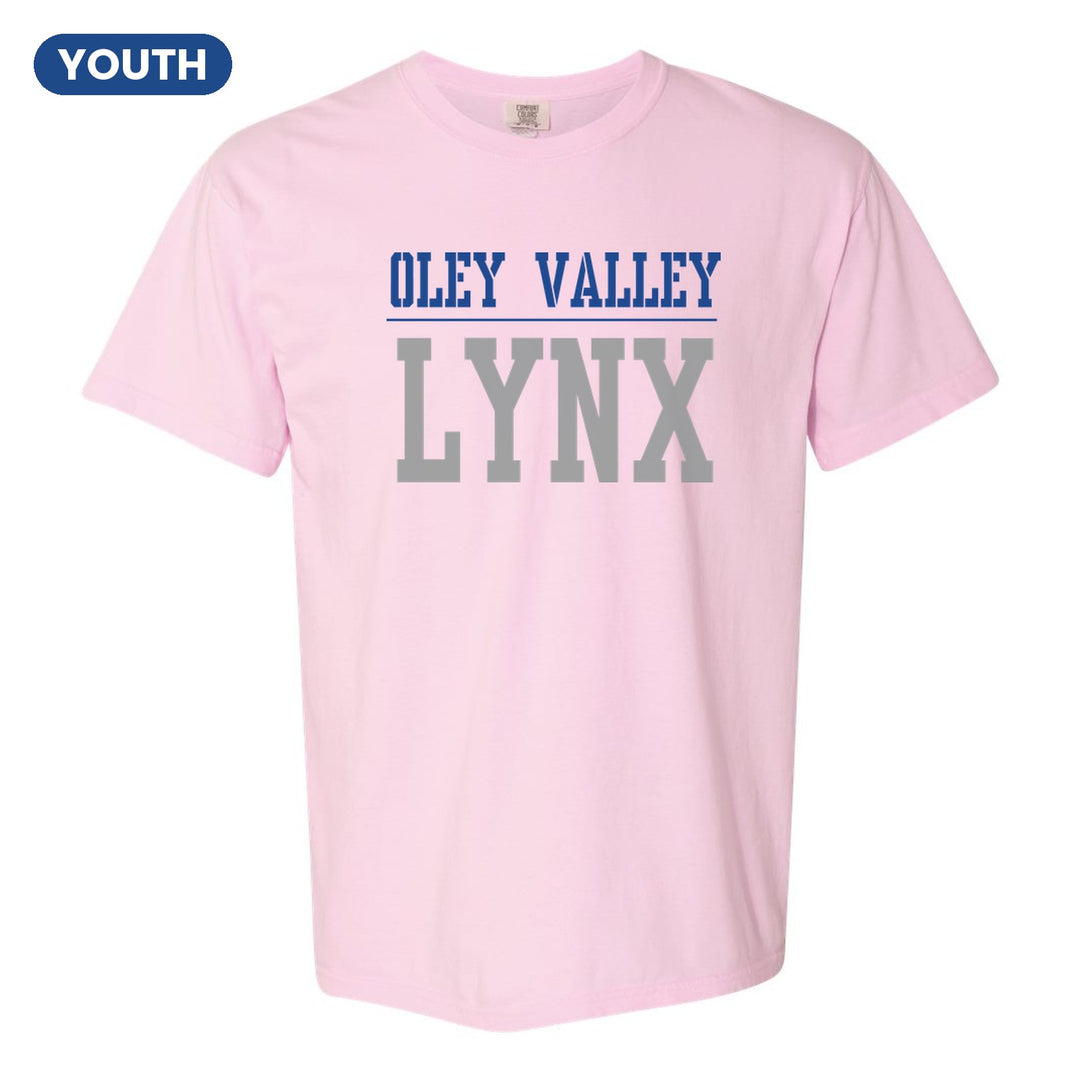 Oley Valley Lynx Split Block youth comfort colors t-shirt in Blossom: OLEY VALLEY over a thin rule and big LYNX block letters