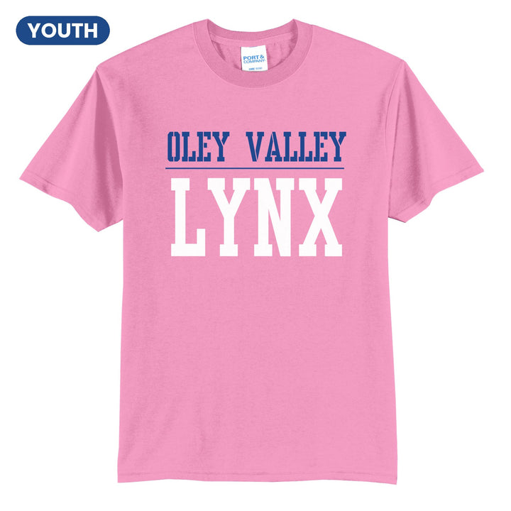 Oley Valley Lynx Split Block youth t-shirt in Candy Pink: OLEY VALLEY over a thin rule and big LYNX block letters