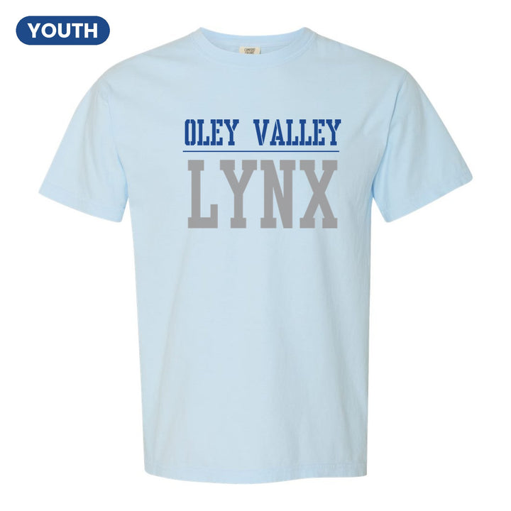 Oley Valley Lynx Split Block youth comfort colors t-shirt in Chambray: OLEY VALLEY over a thin rule and big LYNX block letters