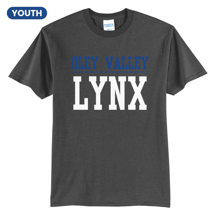 Oley Valley Lynx Split Block youth t-shirt in Charcoal: OLEY VALLEY over a thin rule and big LYNX block letters