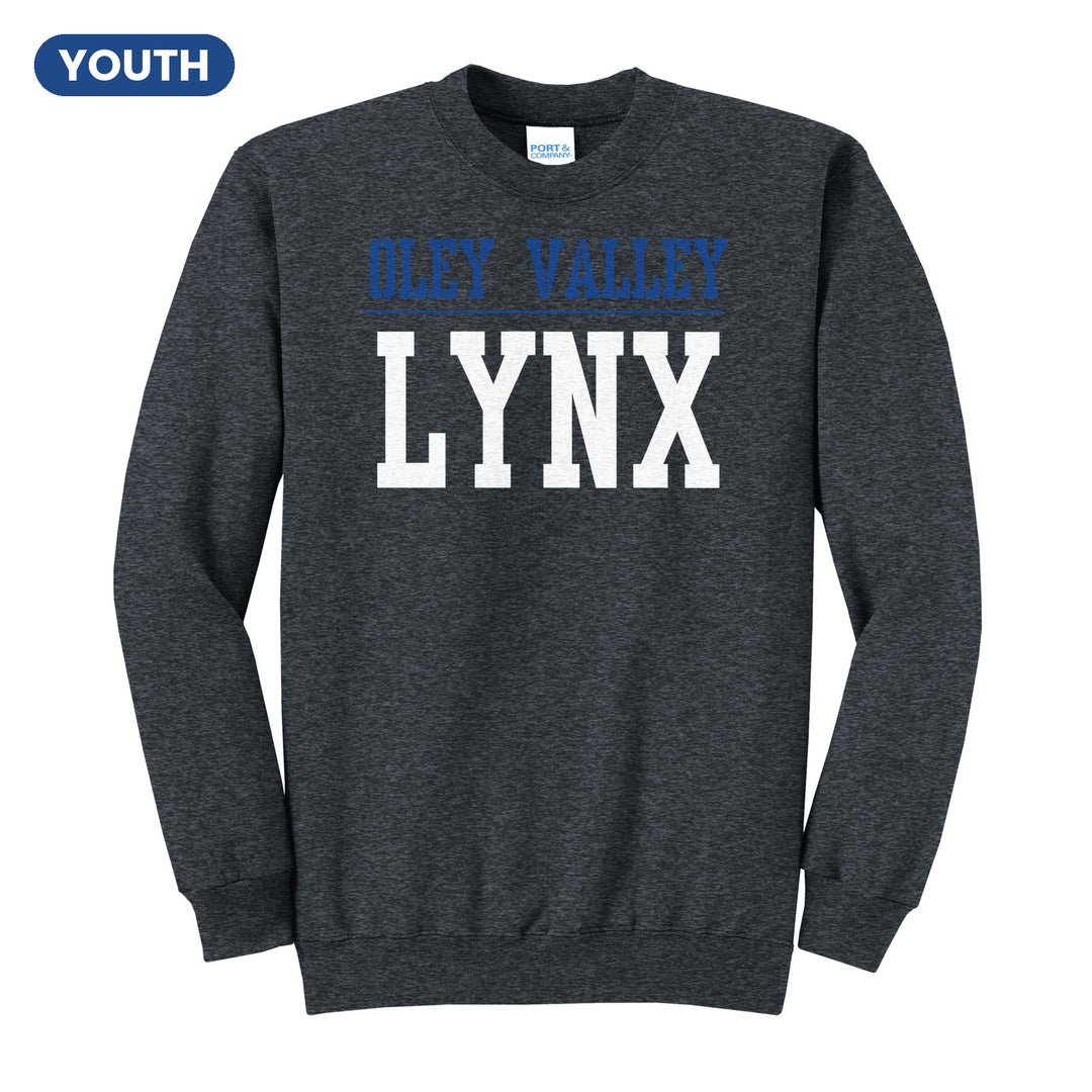 Oley Valley Lynx Split Block youth crewneck sweatshirt in Dark Heather Grey: OLEY VALLEY over a thin rule and big LYNX block letters