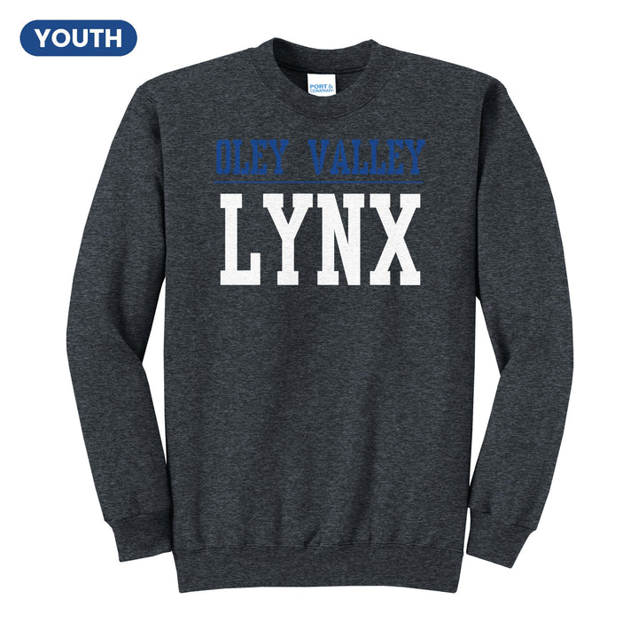 Oley Valley Lynx Split Block youth crewneck sweatshirt in Dark Heather Grey: OLEY VALLEY over a thin rule and big LYNX block letters
