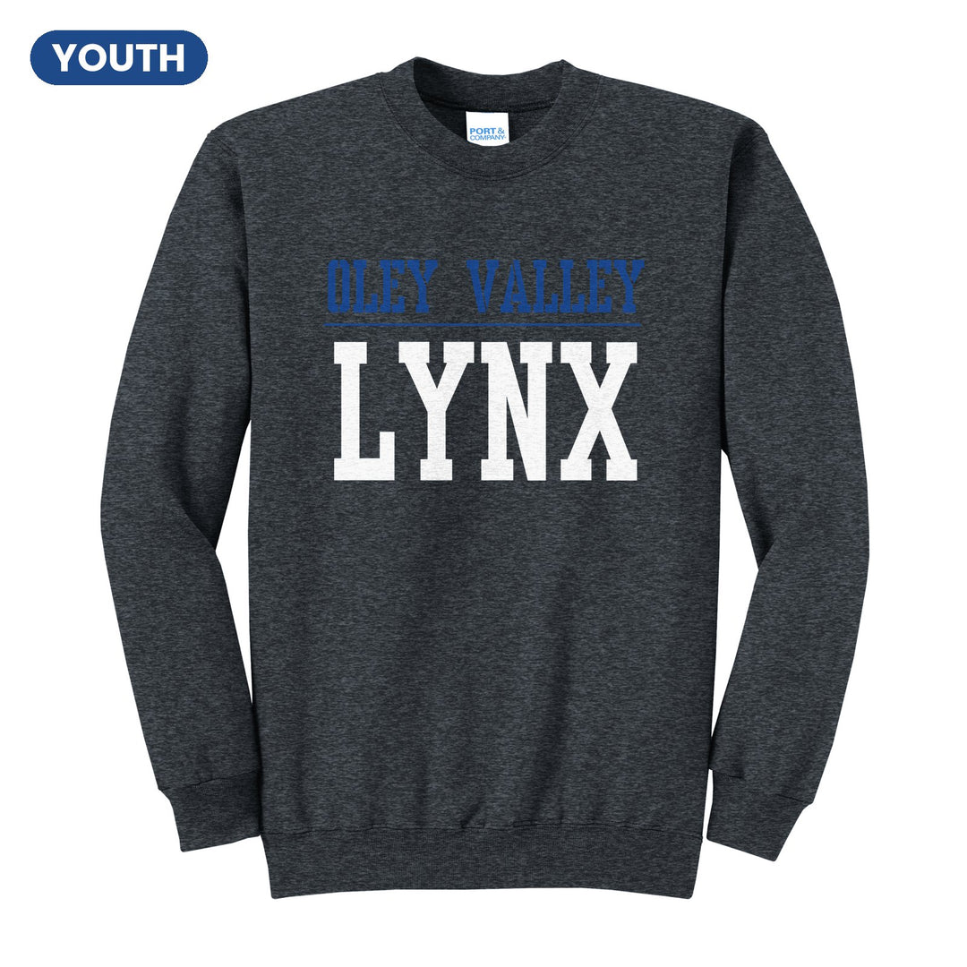 Oley Valley Lynx Split Block youth crewneck sweatshirt in Dark Heather Grey: OLEY VALLEY over a thin rule and big LYNX block letters