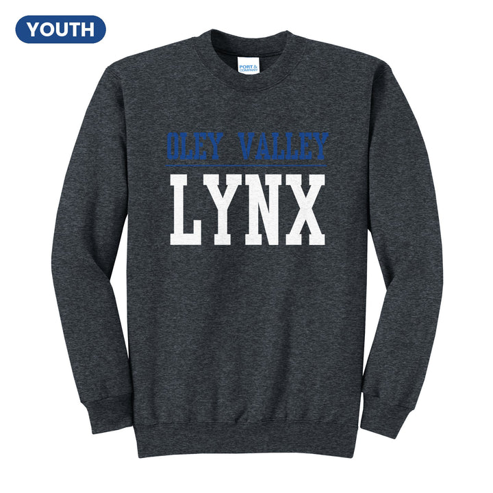 Oley Valley Lynx Split Block youth crewneck sweatshirt in Dark Heather Grey: OLEY VALLEY over a thin rule and big LYNX block letters