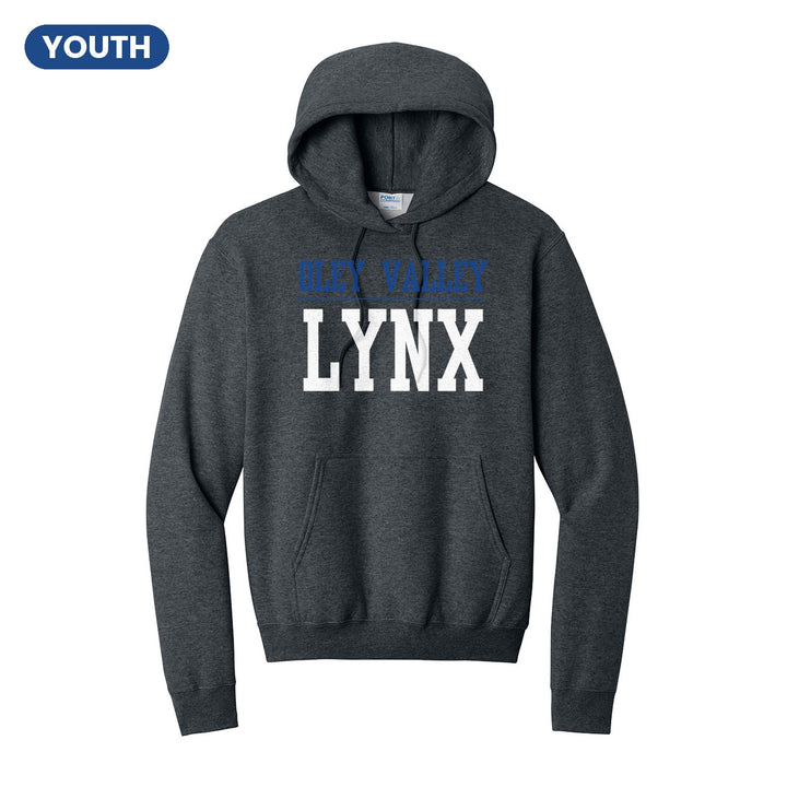 Oley Valley Lynx Split Block youth hoodie in Dark Heather Grey: OLEY VALLEY over a thin rule and big LYNX block letters
