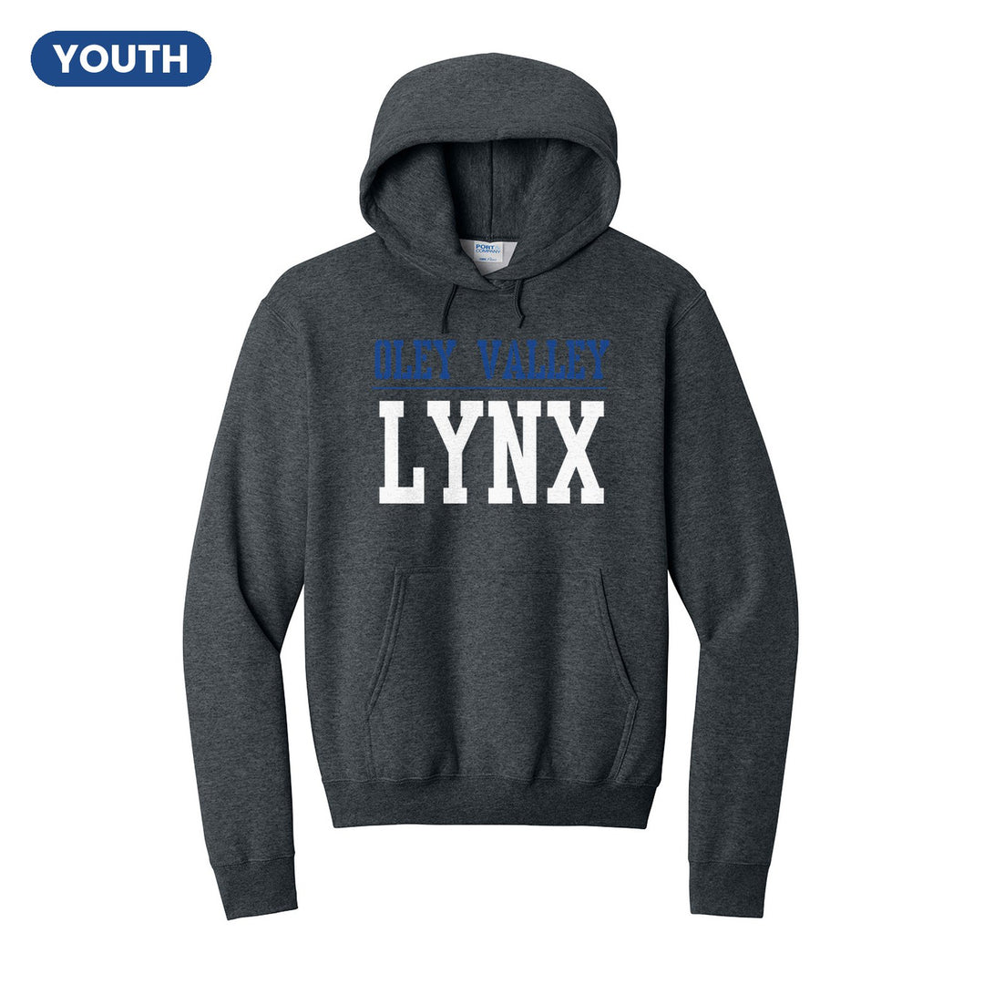 Oley Valley Lynx Split Block youth hoodie in Dark Heather Grey: OLEY VALLEY over a thin rule and big LYNX block letters