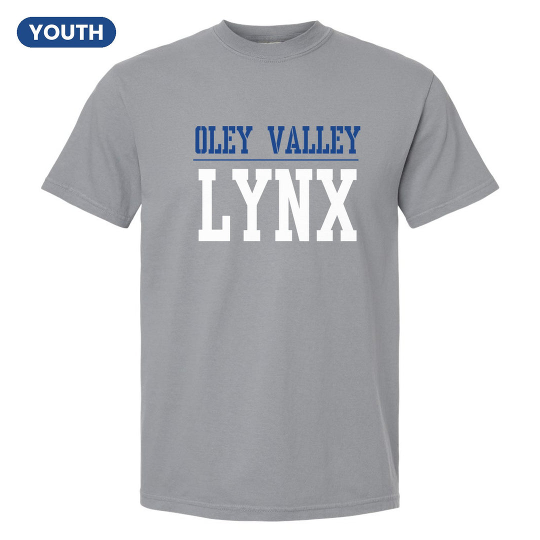 Oley Valley Lynx Split Block youth comfort colors t-shirt in Granite: OLEY VALLEY over a thin rule and big LYNX block letters