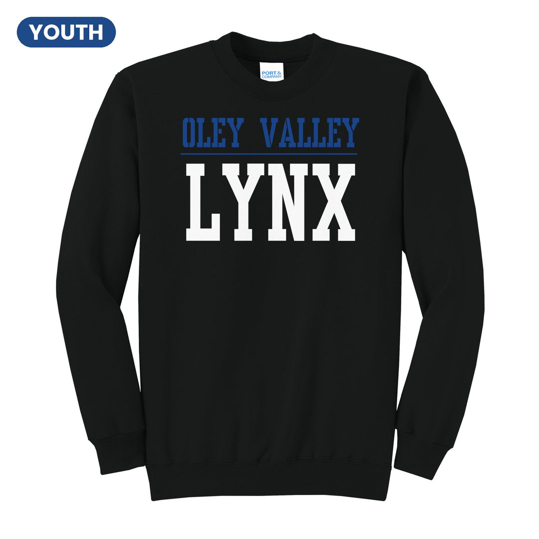 Oley Valley Lynx Split Block youth crewneck sweatshirt in Jet Black: OLEY VALLEY over a thin rule and big LYNX block letters
