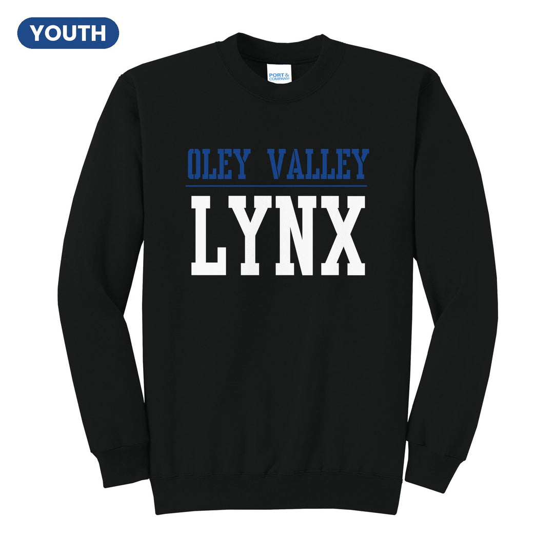 Oley Valley Lynx Split Block youth crewneck sweatshirt in Jet Black: OLEY VALLEY over a thin rule and big LYNX block letters