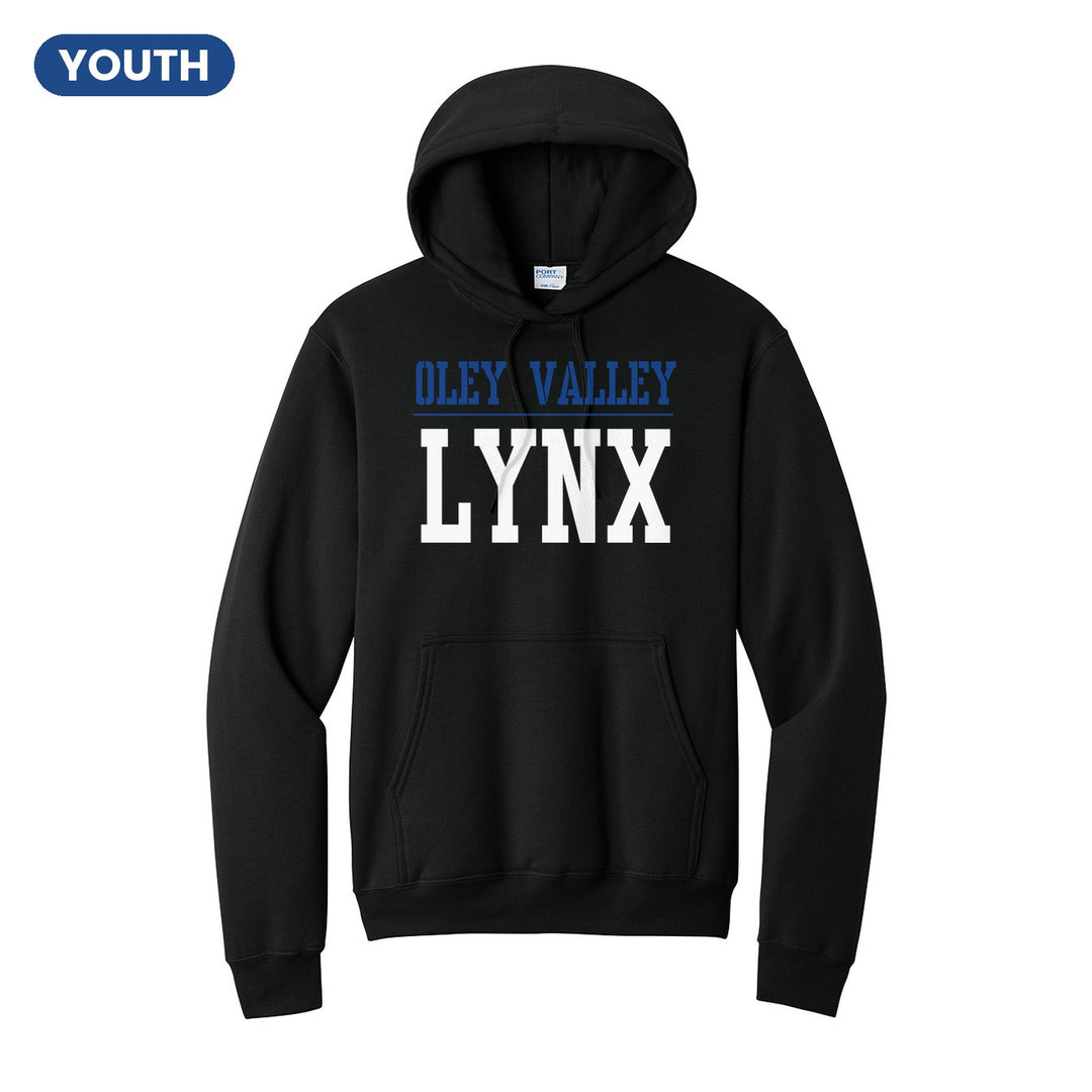 Oley Valley Lynx Split Block youth hoodie in Jet Black: OLEY VALLEY over a thin rule and big LYNX block letters