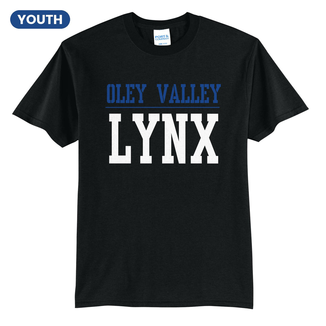 Oley Valley Lynx Split Block youth t-shirt in Jet Black: OLEY VALLEY over a thin rule and big LYNX block letters