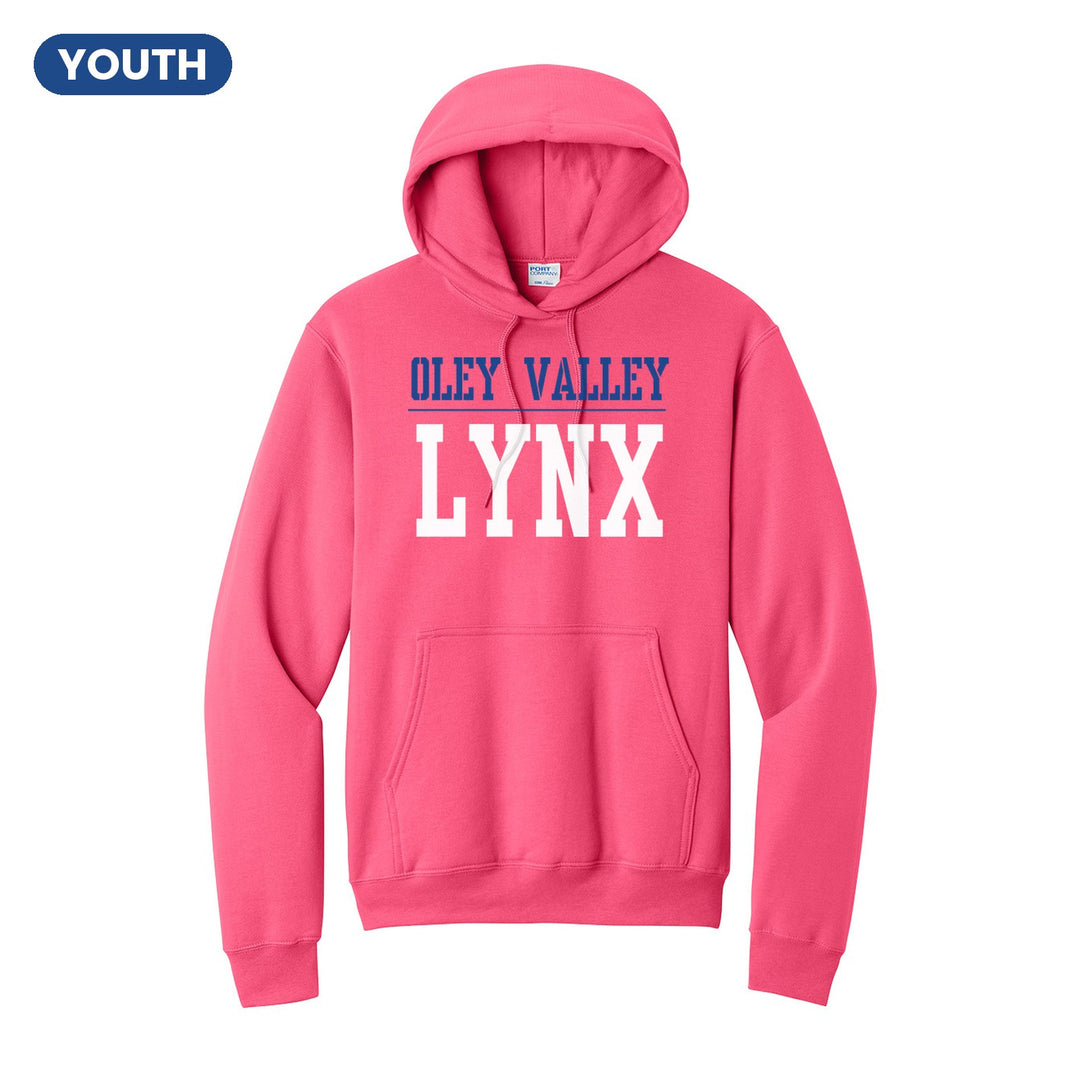Oley Valley Lynx Split Block youth hoodie in Neon Pink: OLEY VALLEY over a thin rule and big LYNX block letters