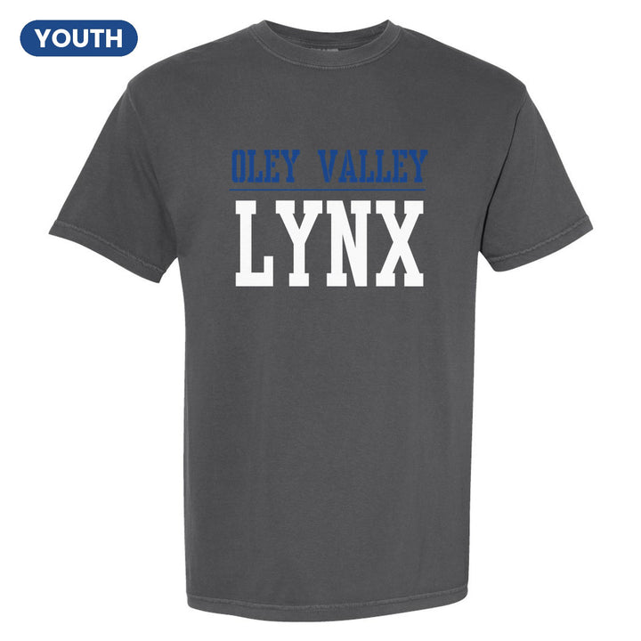 Oley Valley Lynx Split Block youth comfort colors t-shirt in Pepper: OLEY VALLEY over a thin rule and big LYNX block letters