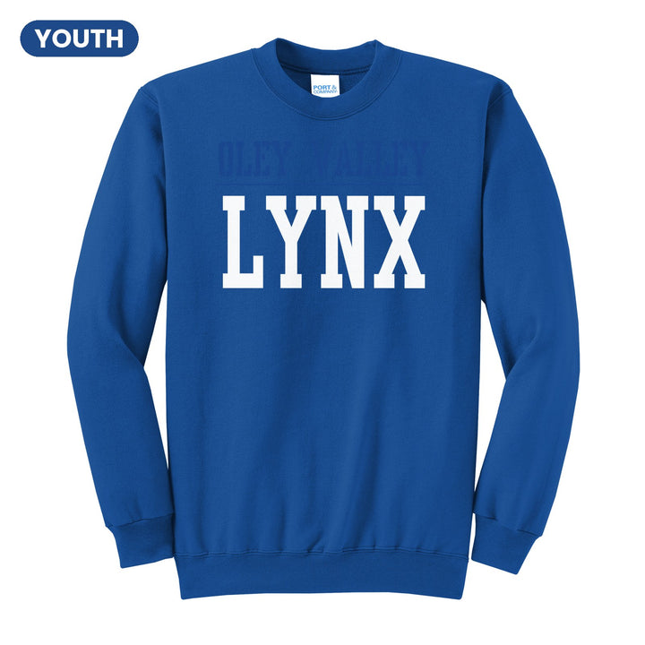 Oley Valley Lynx Split Block youth crewneck sweatshirt in Royal: OLEY VALLEY over a thin rule and big LYNX block letters