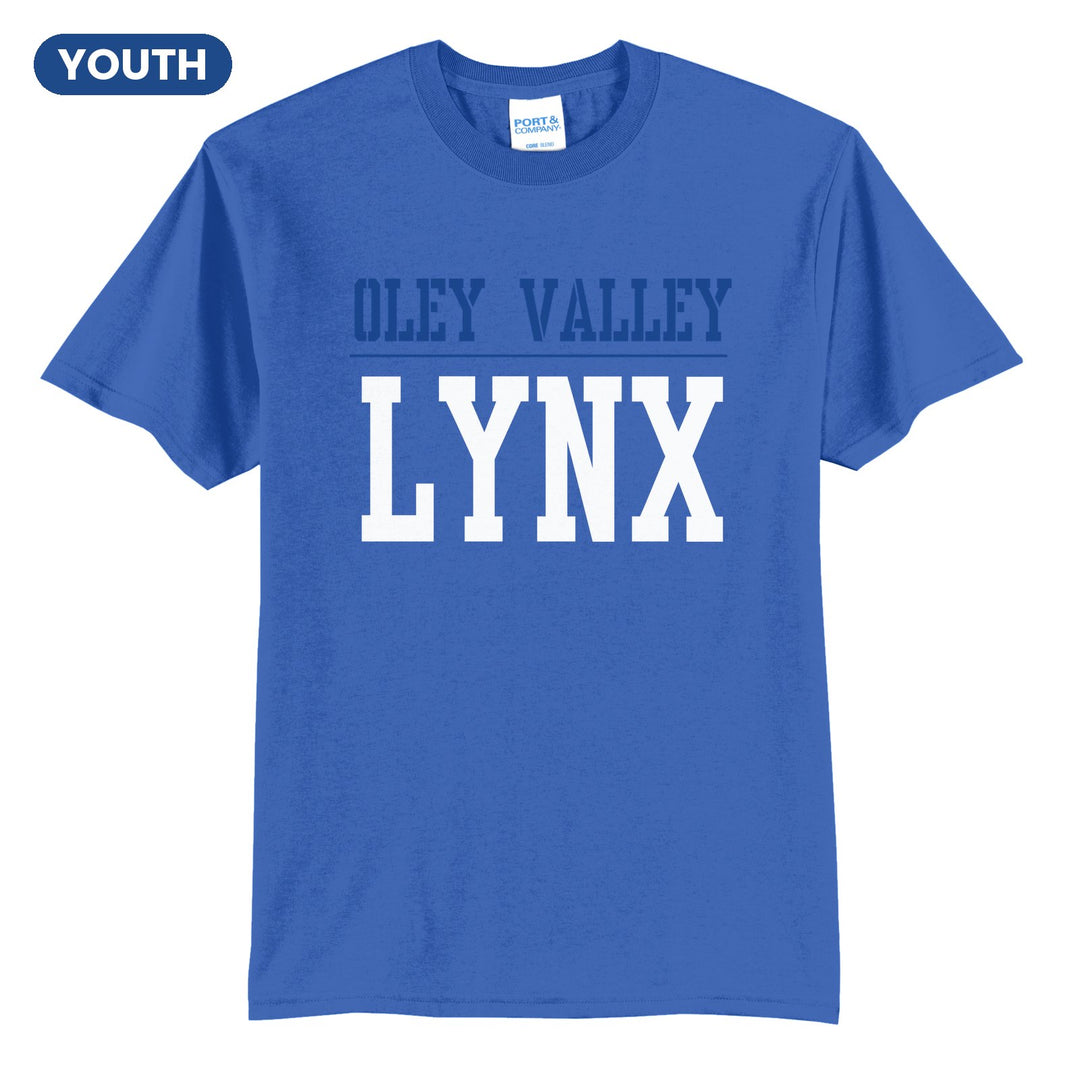 Oley Valley Lynx Split Block youth t-shirt in Royal: OLEY VALLEY over a thin rule and big LYNX block letters