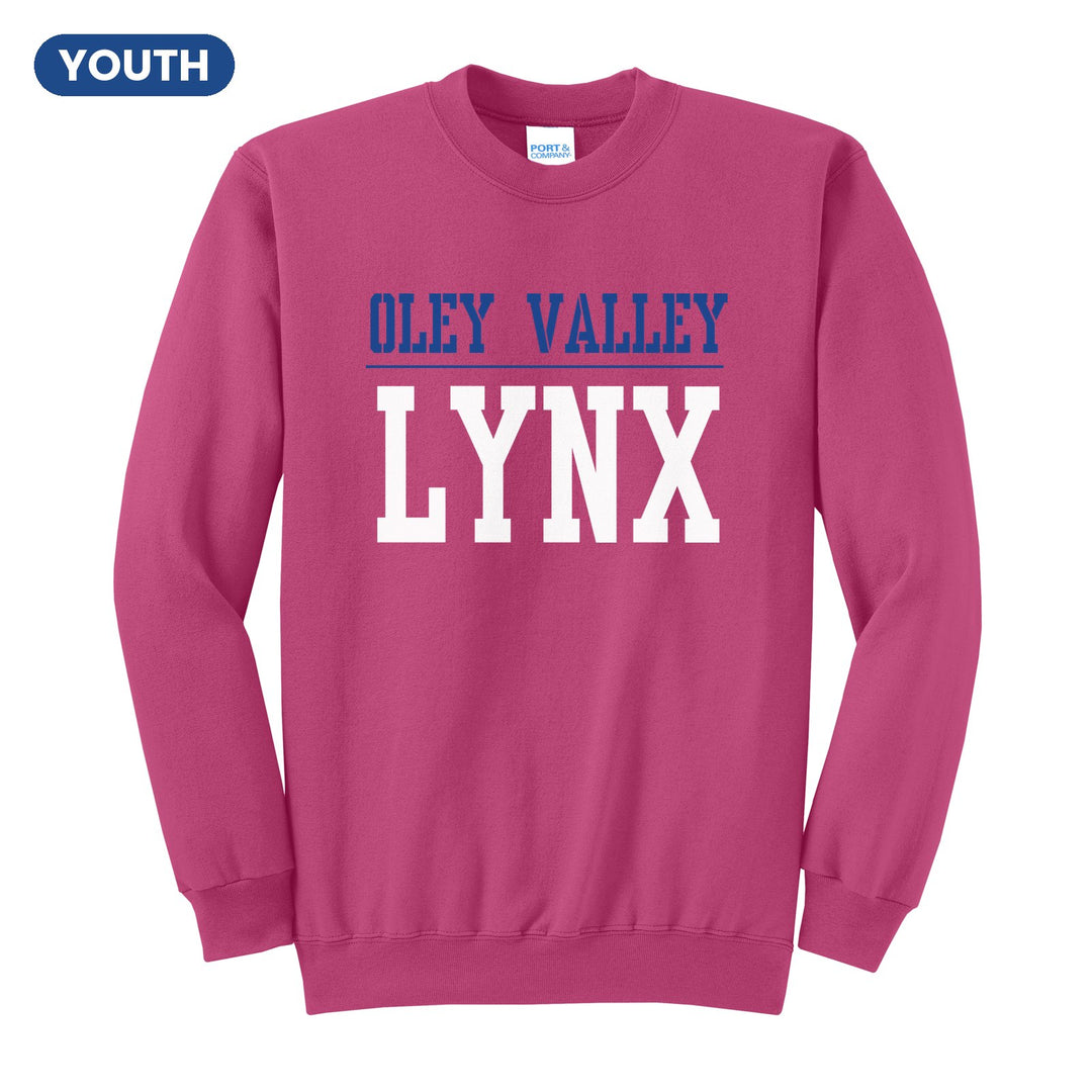 Oley Valley Lynx Split Block youth crewneck sweatshirt in Sangria: OLEY VALLEY over a thin rule and big LYNX block letters