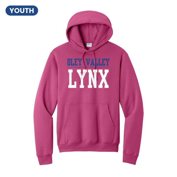 Oley Valley Lynx Split Block youth hoodie in Sangria: OLEY VALLEY over a thin rule and big LYNX block letters