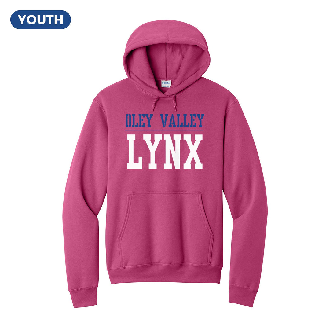 Oley Valley Lynx Split Block youth hoodie in Sangria: OLEY VALLEY over a thin rule and big LYNX block letters