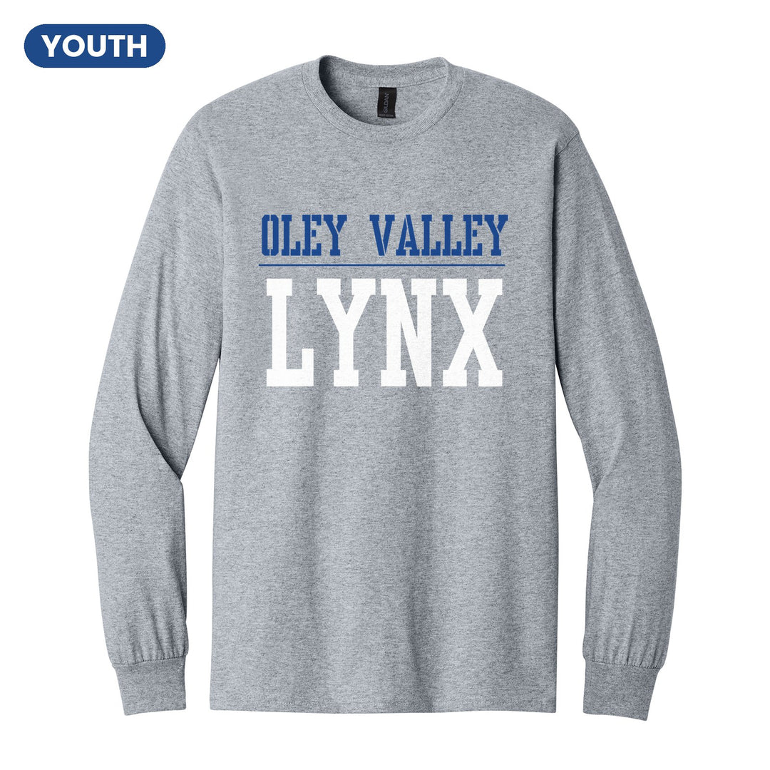 Oley Valley Lynx Split Block youth long sleeve t-shirt in Sport Grey: OLEY VALLEY over a thin rule and big LYNX block letters