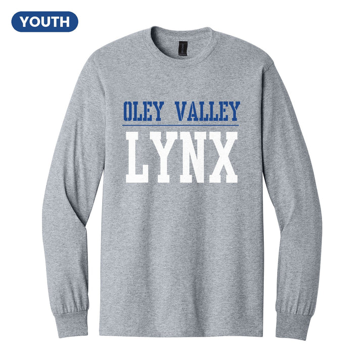 Oley Valley Lynx Split Block youth long sleeve t-shirt in Sport Grey: OLEY VALLEY over a thin rule and big LYNX block letters