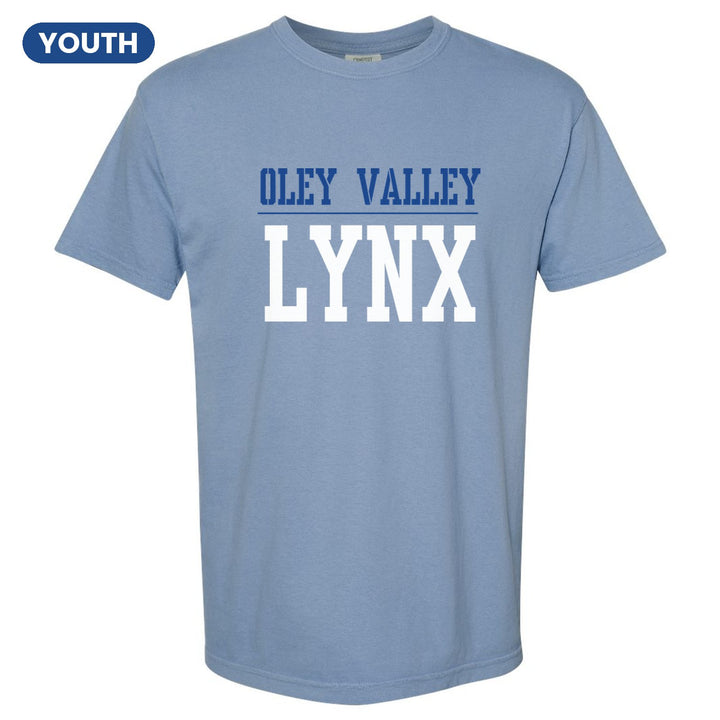 Oley Valley Lynx Split Block youth comfort colors t-shirt in Washed Denim: OLEY VALLEY over a thin rule and big LYNX block letters