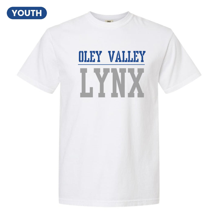 Oley Valley Lynx Split Block youth comfort colors t-shirt in White: OLEY VALLEY over a thin rule and big LYNX block letters