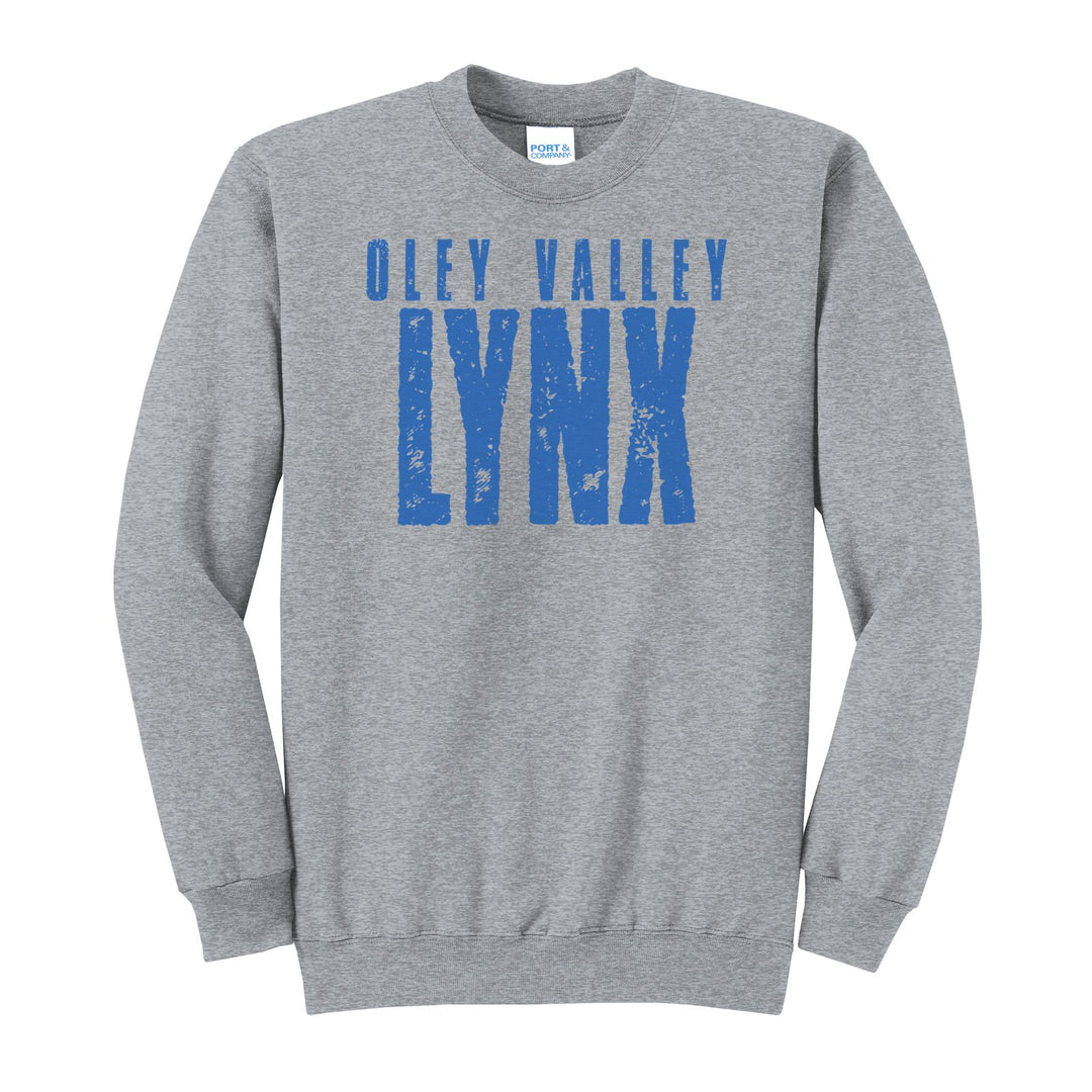 Oley Valley Lynx Distressed Block crewneck sweatshirt in Athletic Heather: OLEY VALLEY over tall, distressed LYNX lettering