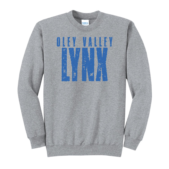 Oley Valley Lynx Distressed Block crewneck sweatshirt in Athletic Heather: OLEY VALLEY over tall, distressed LYNX lettering