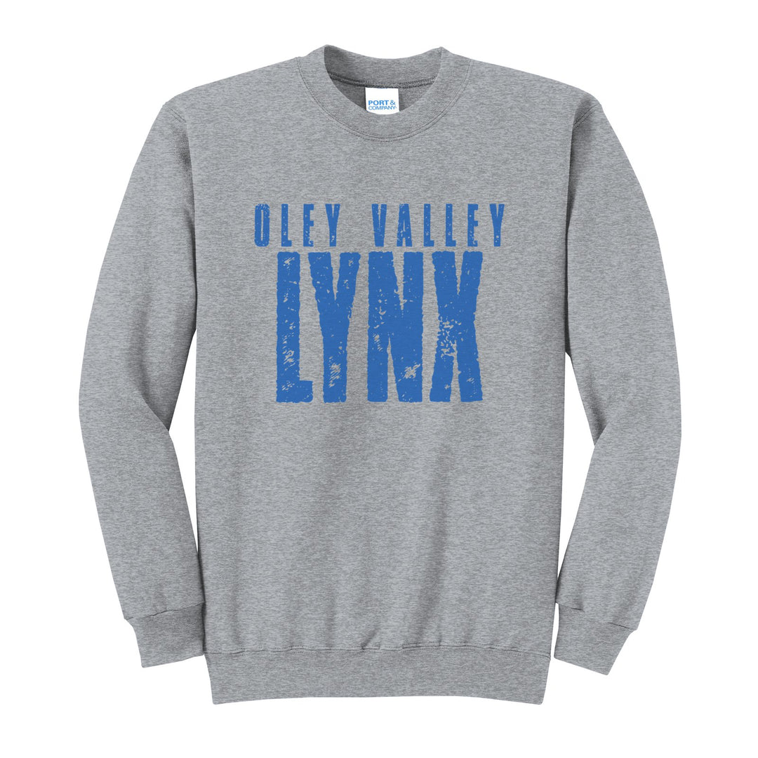 Oley Valley Lynx Distressed Block crewneck sweatshirt in Athletic Heather: OLEY VALLEY over tall, distressed LYNX lettering