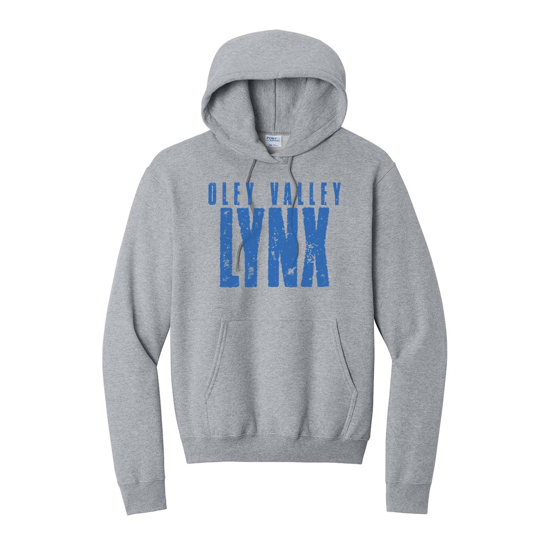 Oley Valley Lynx Distressed Block hoodie in Athletic Heather: OLEY VALLEY over tall, distressed LYNX lettering
