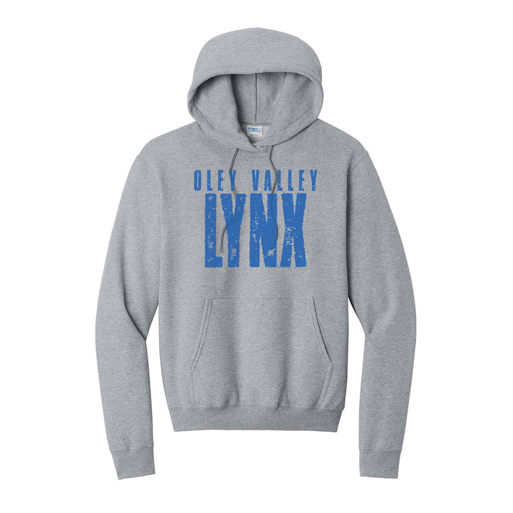 Oley Valley Lynx Distressed Block hoodie in Athletic Heather: OLEY VALLEY over tall, distressed LYNX lettering