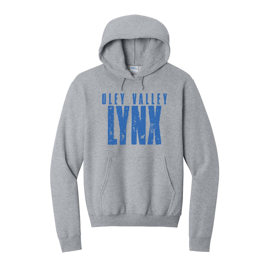 Oley Valley Lynx Distressed Block hoodie in Athletic Heather: OLEY VALLEY over tall, distressed LYNX lettering