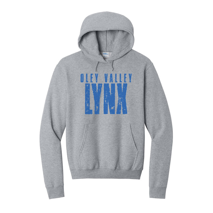 Oley Valley Lynx Distressed Block hoodie in Athletic Heather: OLEY VALLEY over tall, distressed LYNX lettering