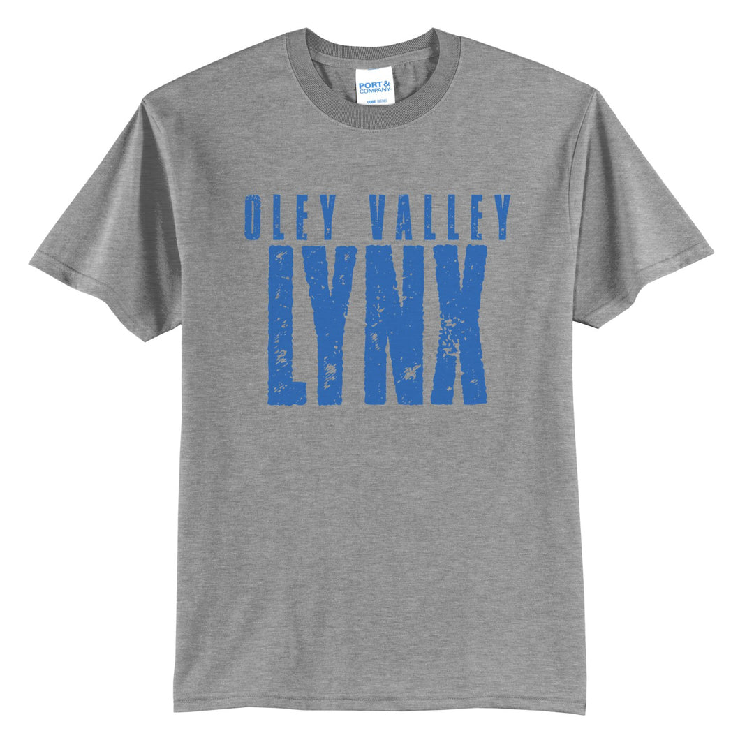 Oley Valley Lynx Distressed Block t-shirt in Athletic Heather: OLEY VALLEY over tall, distressed LYNX lettering