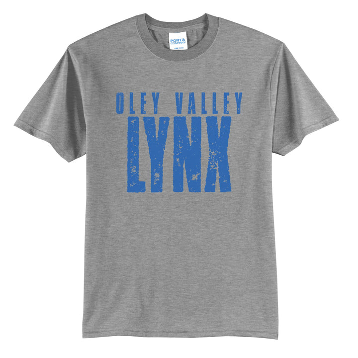 Oley Valley Lynx Distressed Block t-shirt in Athletic Heather: OLEY VALLEY over tall, distressed LYNX lettering