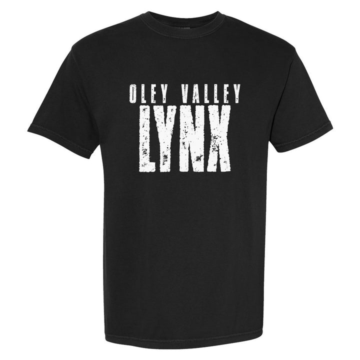 Oley Valley Lynx Distressed Block comfort colors t-shirt in Black: OLEY VALLEY over tall, distressed LYNX lettering
