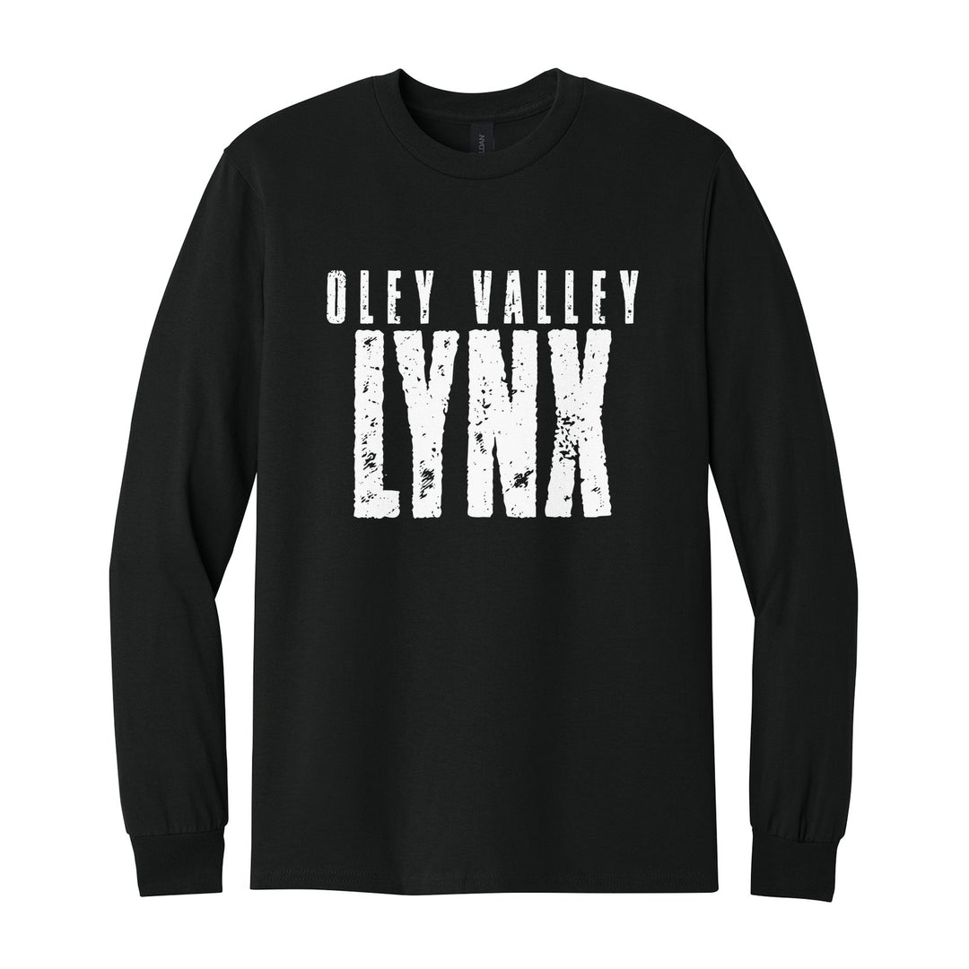 Oley Valley Lynx Distressed Block long sleeve t-shirt in Black: OLEY VALLEY over tall, distressed LYNX lettering