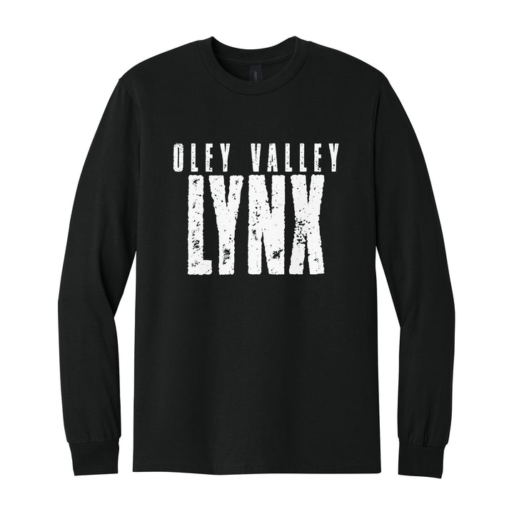 Oley Valley Lynx Distressed Block long sleeve t-shirt in Black: OLEY VALLEY over tall, distressed LYNX lettering