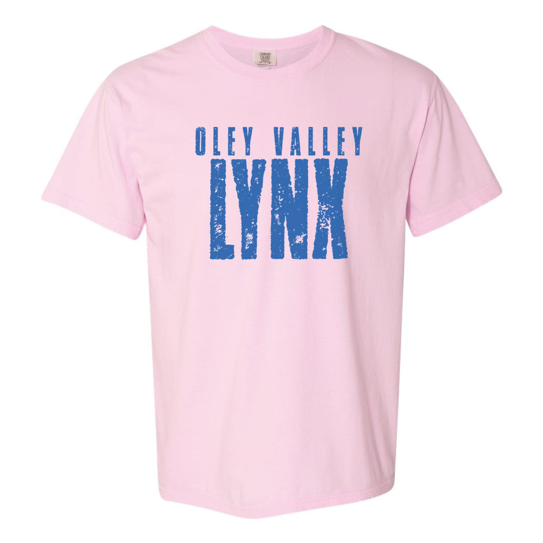 Oley Valley Lynx Distressed Block comfort colors t-shirt in Blossom: OLEY VALLEY over tall, distressed LYNX lettering