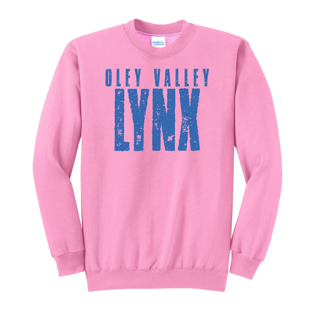Oley Valley Lynx Distressed Block crewneck sweatshirt in Candy Pink: OLEY VALLEY over tall, distressed LYNX lettering