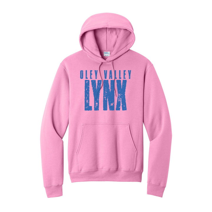 Oley Valley Lynx Distressed Block hoodie in Candy Pink: OLEY VALLEY over tall, distressed LYNX lettering