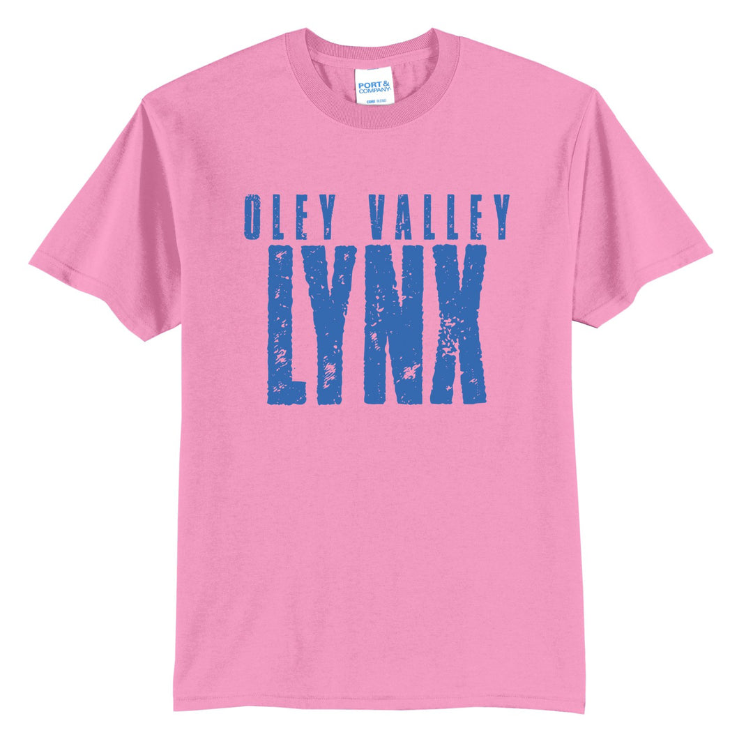 Oley Valley Lynx Distressed Block t-shirt in Candy Pink: OLEY VALLEY over tall, distressed LYNX lettering