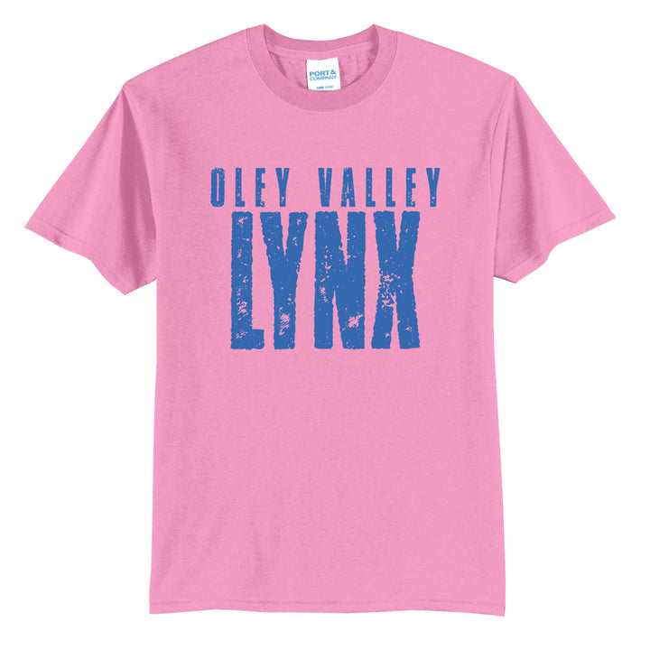 Oley Valley Lynx Distressed Block t-shirt in Candy Pink: OLEY VALLEY over tall, distressed LYNX lettering