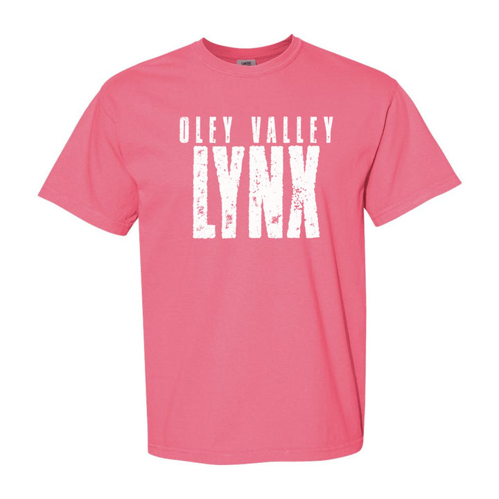 Oley Valley Lynx Distressed Block comfort colors t-shirt in Crunchberry: OLEY VALLEY over tall, distressed LYNX lettering