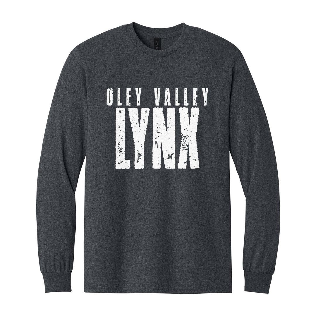 Oley Valley Lynx Distressed Block long sleeve t-shirt in Dark Heather: OLEY VALLEY over tall, distressed LYNX lettering