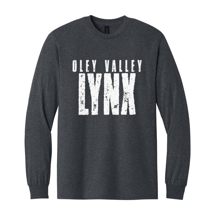 Oley Valley Lynx Distressed Block long sleeve t-shirt in Dark Heather: OLEY VALLEY over tall, distressed LYNX lettering