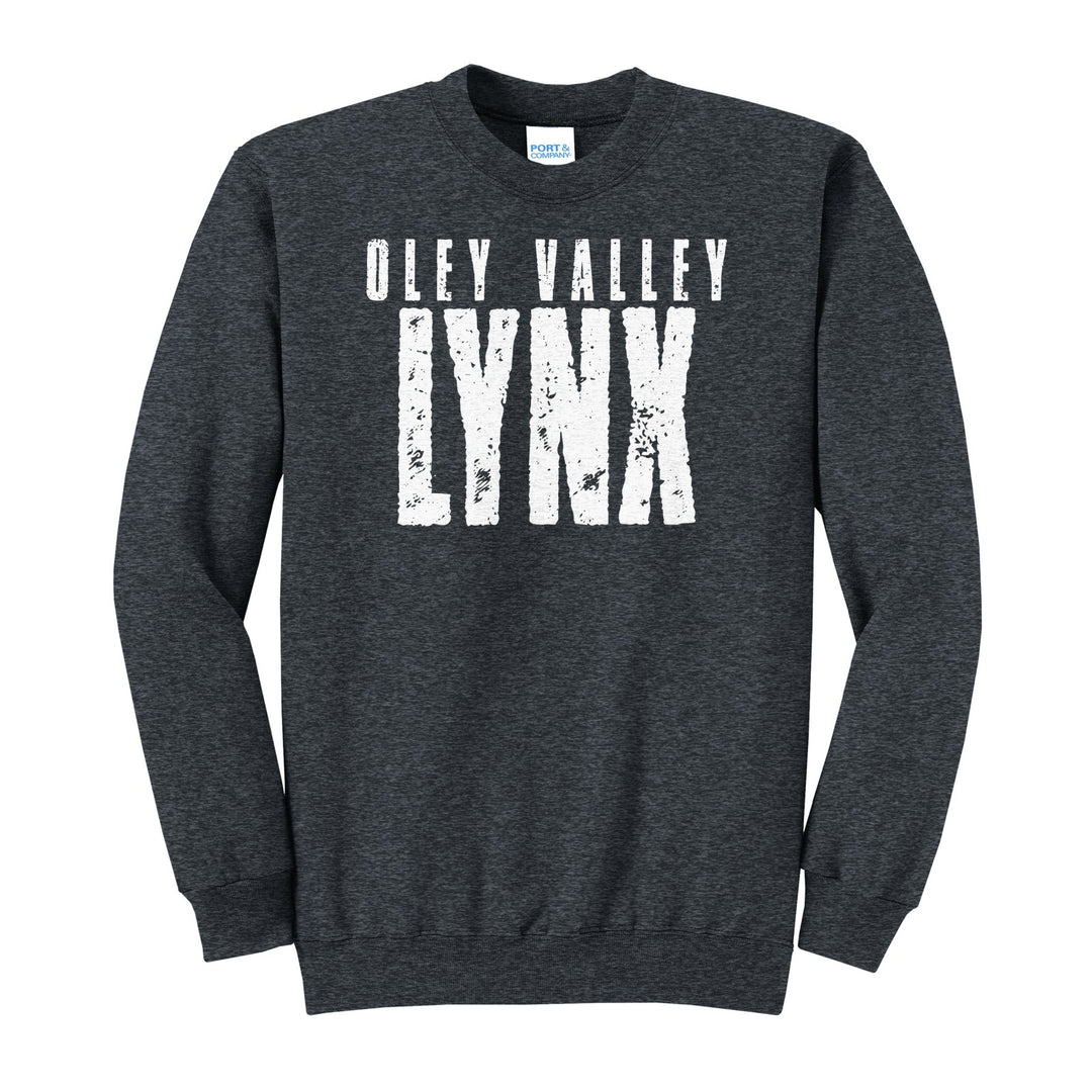 Oley Valley Lynx Distressed Block crewneck sweatshirt in Dark Heather Grey: OLEY VALLEY over tall, distressed LYNX lettering