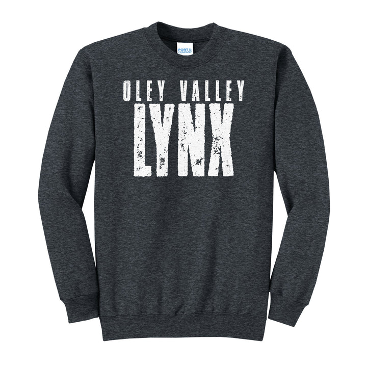 Oley Valley Lynx Distressed Block crewneck sweatshirt in Dark Heather Grey: OLEY VALLEY over tall, distressed LYNX lettering