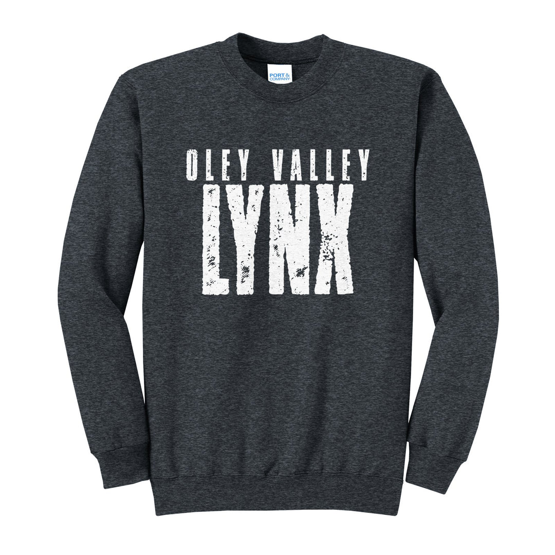 Oley Valley Lynx Distressed Block crewneck sweatshirt in Dark Heather Grey: OLEY VALLEY over tall, distressed LYNX lettering