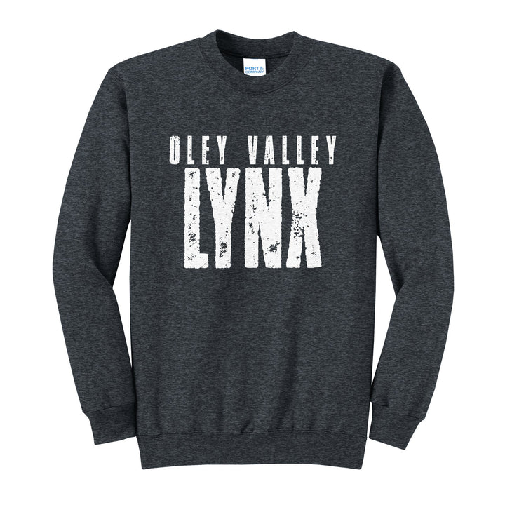 Oley Valley Lynx Distressed Block crewneck sweatshirt in Dark Heather Grey: OLEY VALLEY over tall, distressed LYNX lettering